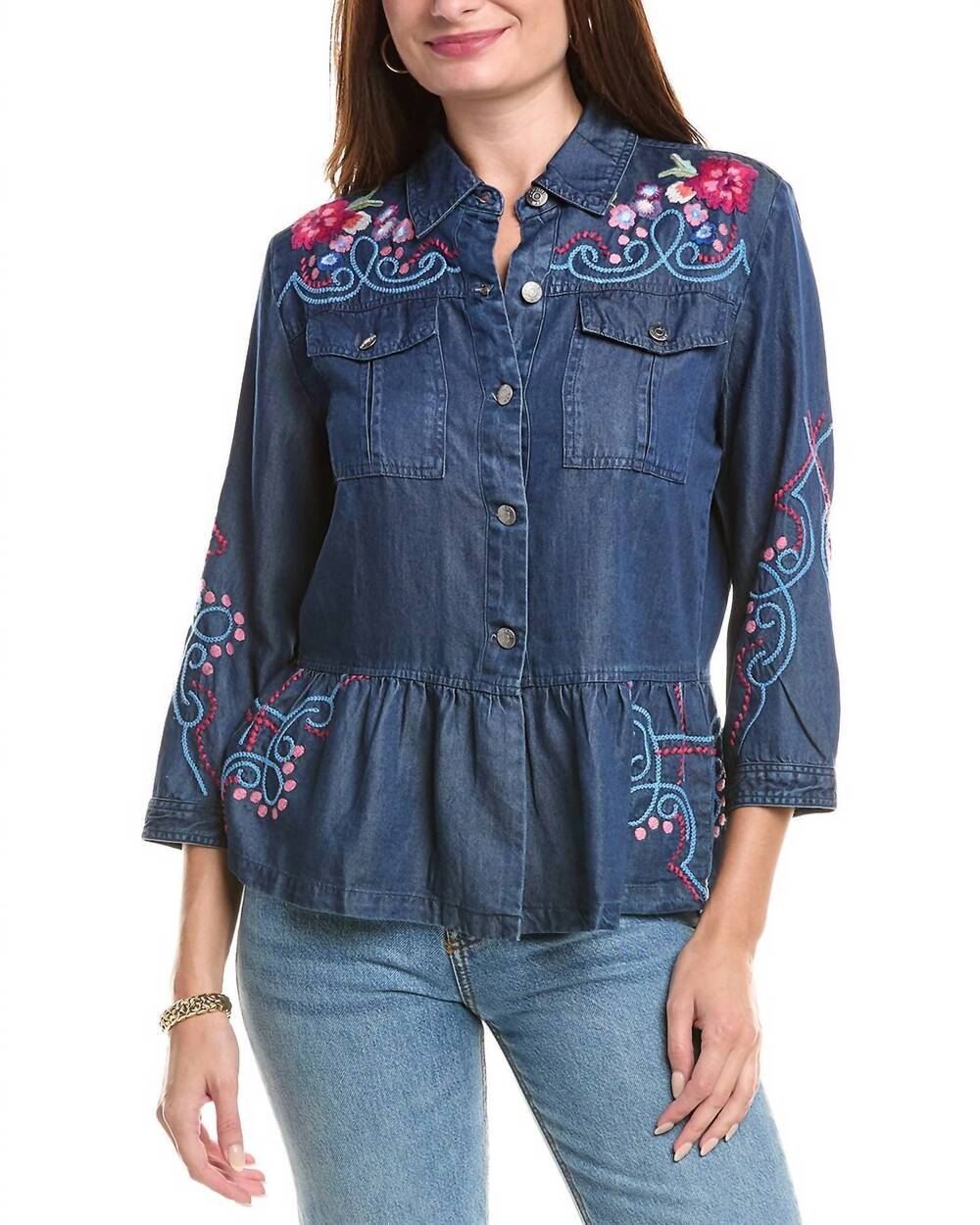 NEW JOHNNY WAS peplum spread collar jacket in denim blue